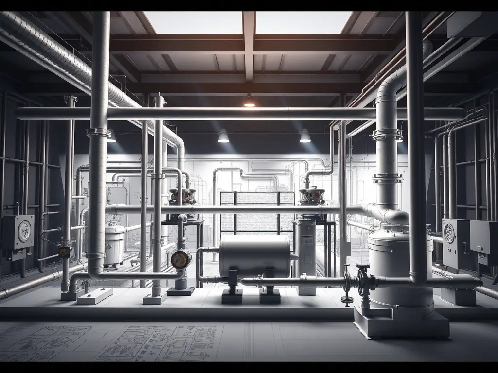 An engineering drawing illustrating the general arrangement of piping, structural supports, and electrical systems within a plant, providing a holistic view of the project layout.