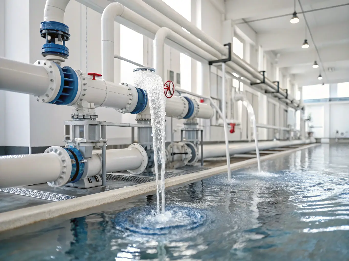 A high-resolution 3D model of a water treatment skid showing structural framework, piping, and electrical components, rendered to showcase the intricate details and spatial arrangements.
