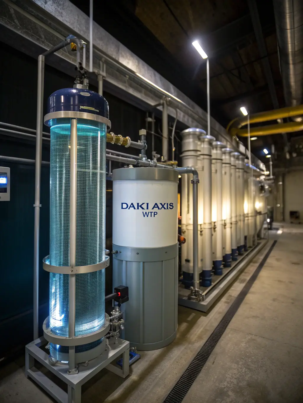 A modern water treatment plant with various filtration systems, showcasing Sette Water Technologies' expertise in designing efficient water purification solutions.