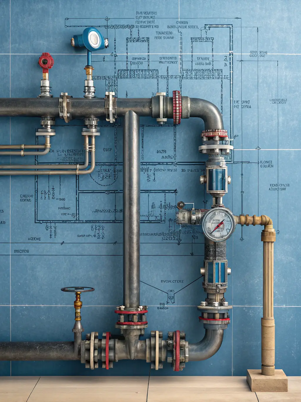 An isometric drawing of a complex piping system within a water treatment plant, demonstrating Sette Water Technologies' expertise in piping design and drafting.